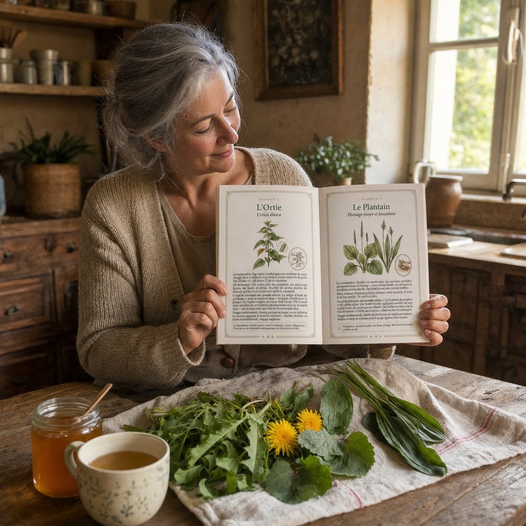 Une femme de 55-65 ans dans sa cuisine de campagne, le livre ouvert, la cueillette du matin sur la table