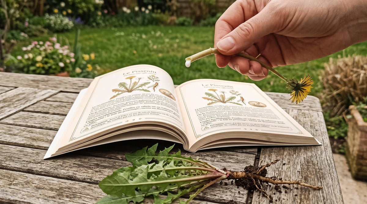 Une main casse une tige de pissenlit (lait blanc visible) au-dessus du livre ouvert à la page 9