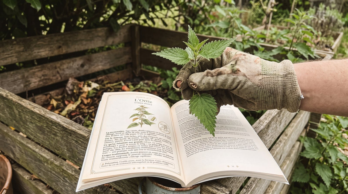 Main gantée qui tient les 4 feuilles du sommet, livre ouvert à la page 10, bord de compost
