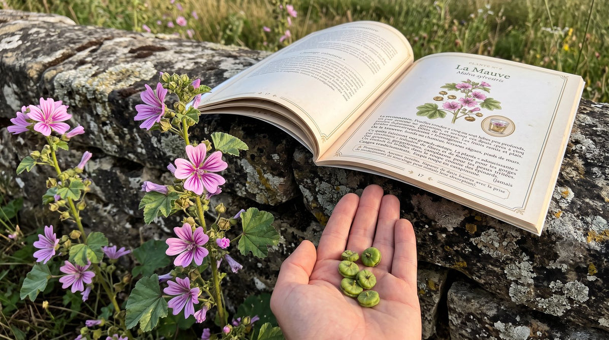 Brin de mauve en fleur et fromageons dans une paume, livre ouvert à la page 17, muret en pierre