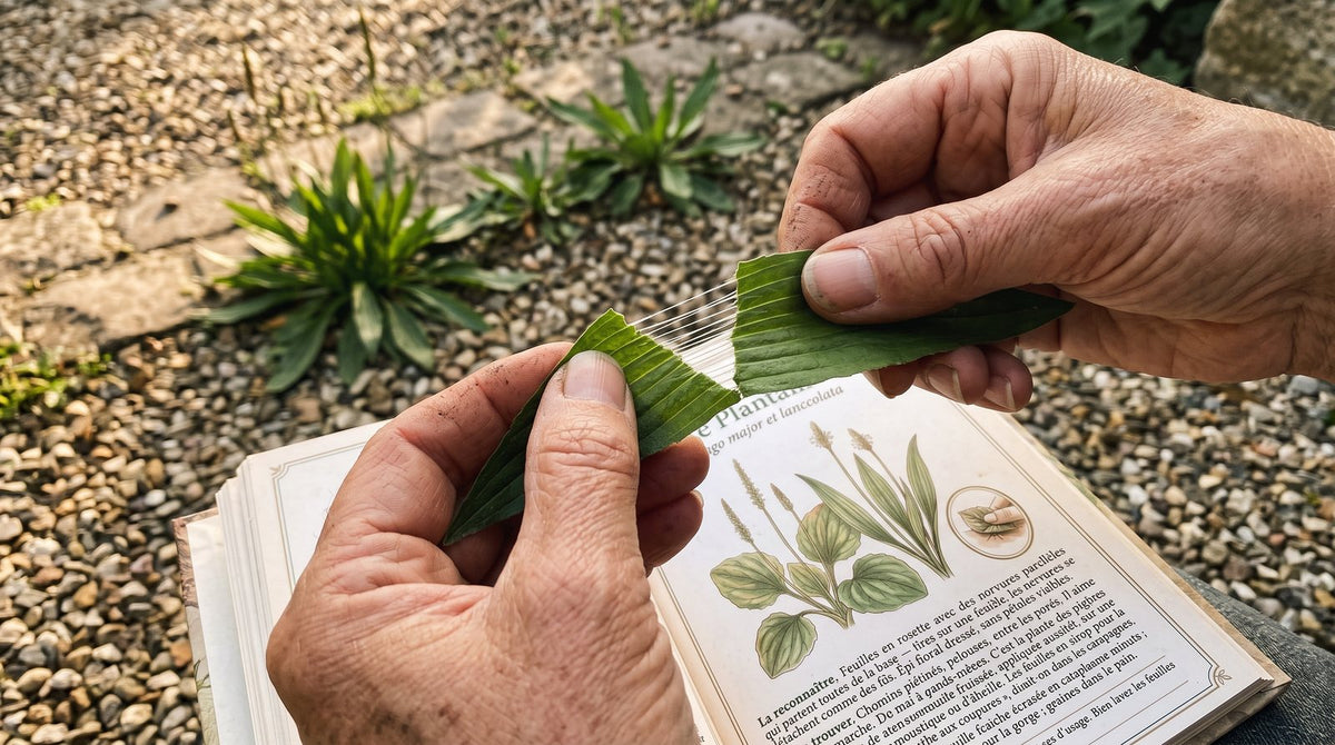 Deux mains tirent sur une feuille de plantain : les nervures se détachent comme des fils ; le livre ouvert à la page 11 juste dessous