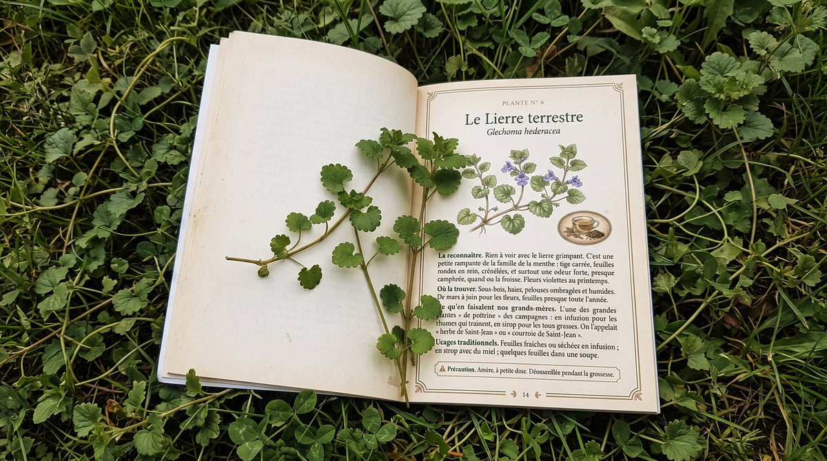 Tiges de lierre terrestre en feuilles (pas de fleurs en automne) posées sur le livre ouvert à la page 14, pelouse ombragée