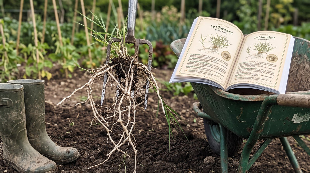 Rhizomes blancs de chiendent sur une fourche-bêche, livre ouvert à la page 29 posé sur la brouette