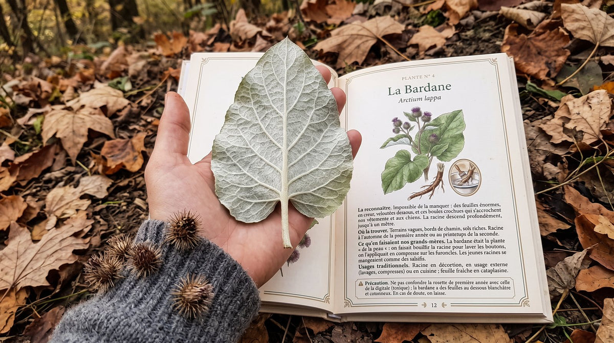 Grande feuille de bardane retournée (dessous blanc et cotonneux) tenue au-dessus du livre ouvert à la page 12 ; boules crochues sur une manche en laine