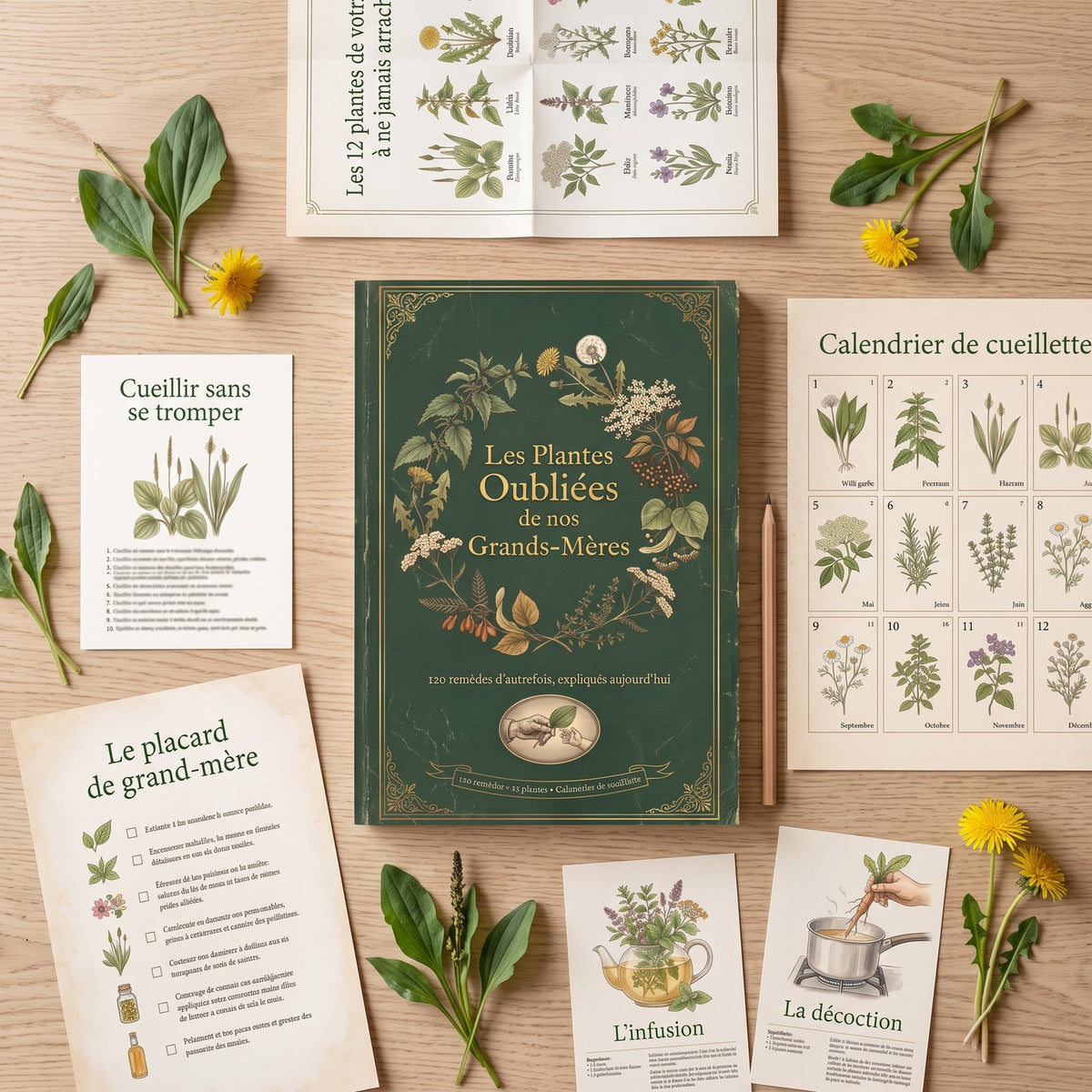 Le livre et les 5 bonus à imprimer (poster, calendrier, fiches) à plat sur une table en bois, quelques plantes du jardin