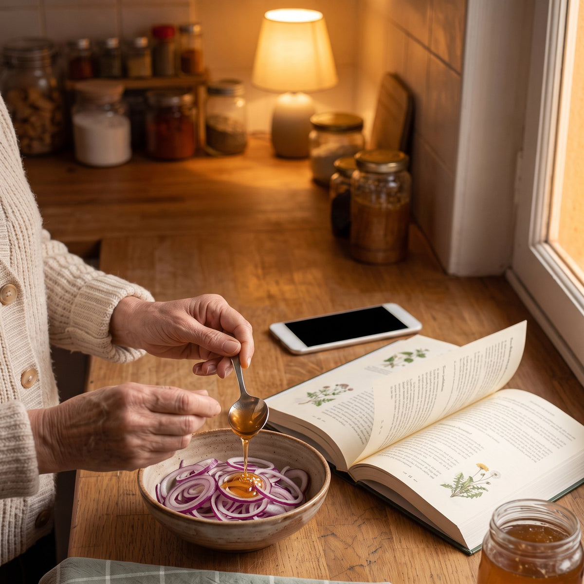 Une femme de 55-65 ans dans sa cuisine de campagne, le livre ouvert, la cueillette du matin sur la table