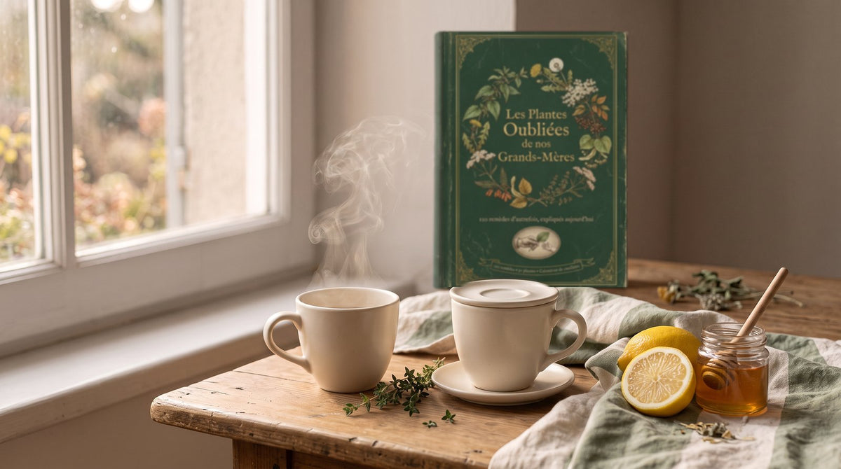 Deux tasses de thym : l’une ouverte qui fume, l’autre couverte d’une soucoupe