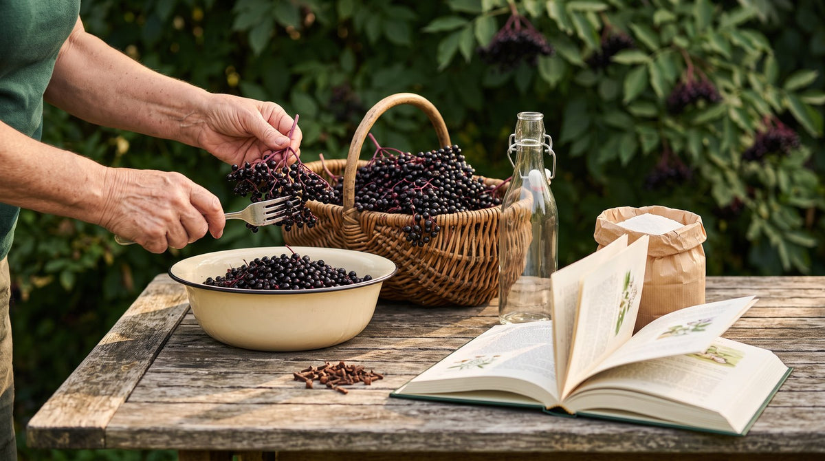 Mains qui égrènent des grappes de sureau noir à la fourchette, bouteille et clous de girofle, livre ouvert