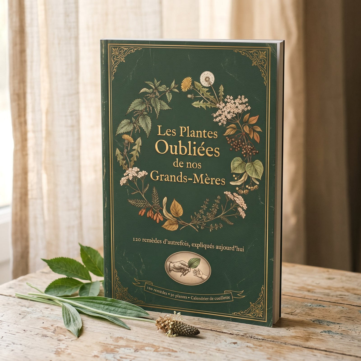 Le livre Les Plantes Oubliées de nos Grands-Mères, couverture vert forêt, posé sur une planche de bois à côté d’un brin de plantain