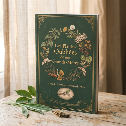 Le livre Les Plantes Oubliées de nos Grands-Mères, couverture vert forêt, posé sur une planche de bois à côté d’un brin de plantain