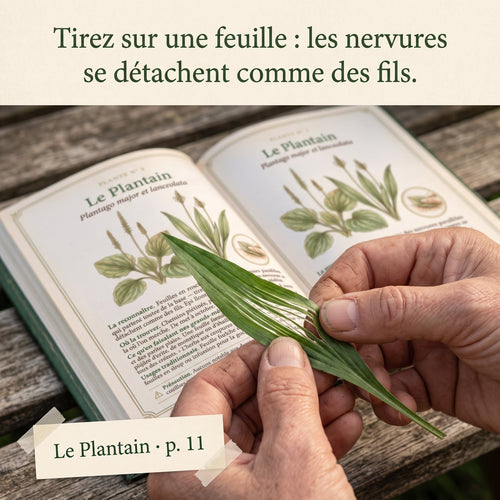 Des doigts déchirent une feuille de plantain : les nervures se détachent comme des fils, le livre ouvert à la page 11 derrière