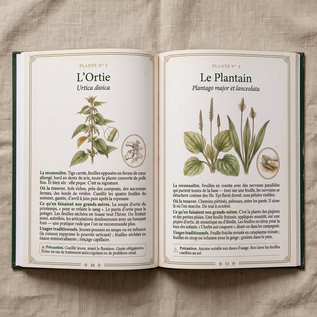 Le livre ouvert sur la double page de l’ortie et du plantain, pages 10 et 11
