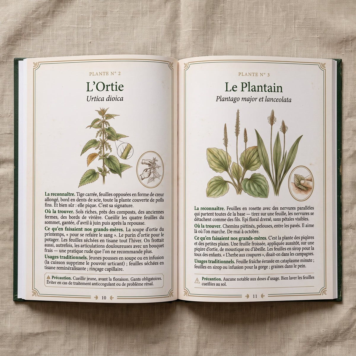 Le livre ouvert sur la double page de l’ortie et du plantain, pages 10 et 11
