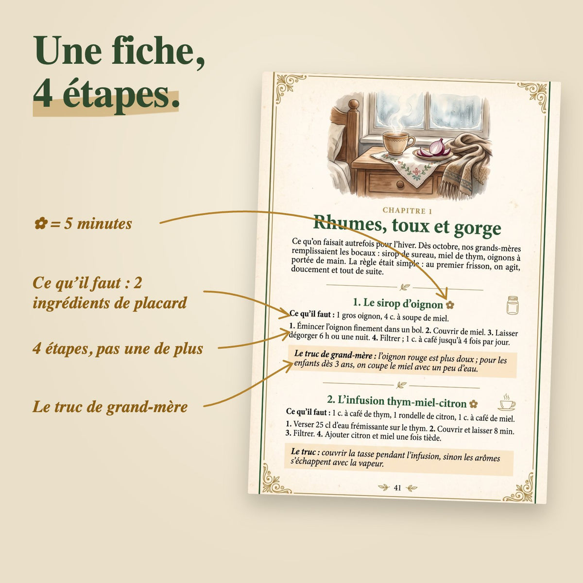 La page 41 du livre annotée : ce qu’il faut, 4 étapes, le truc de grand-mère, 5 minutes
