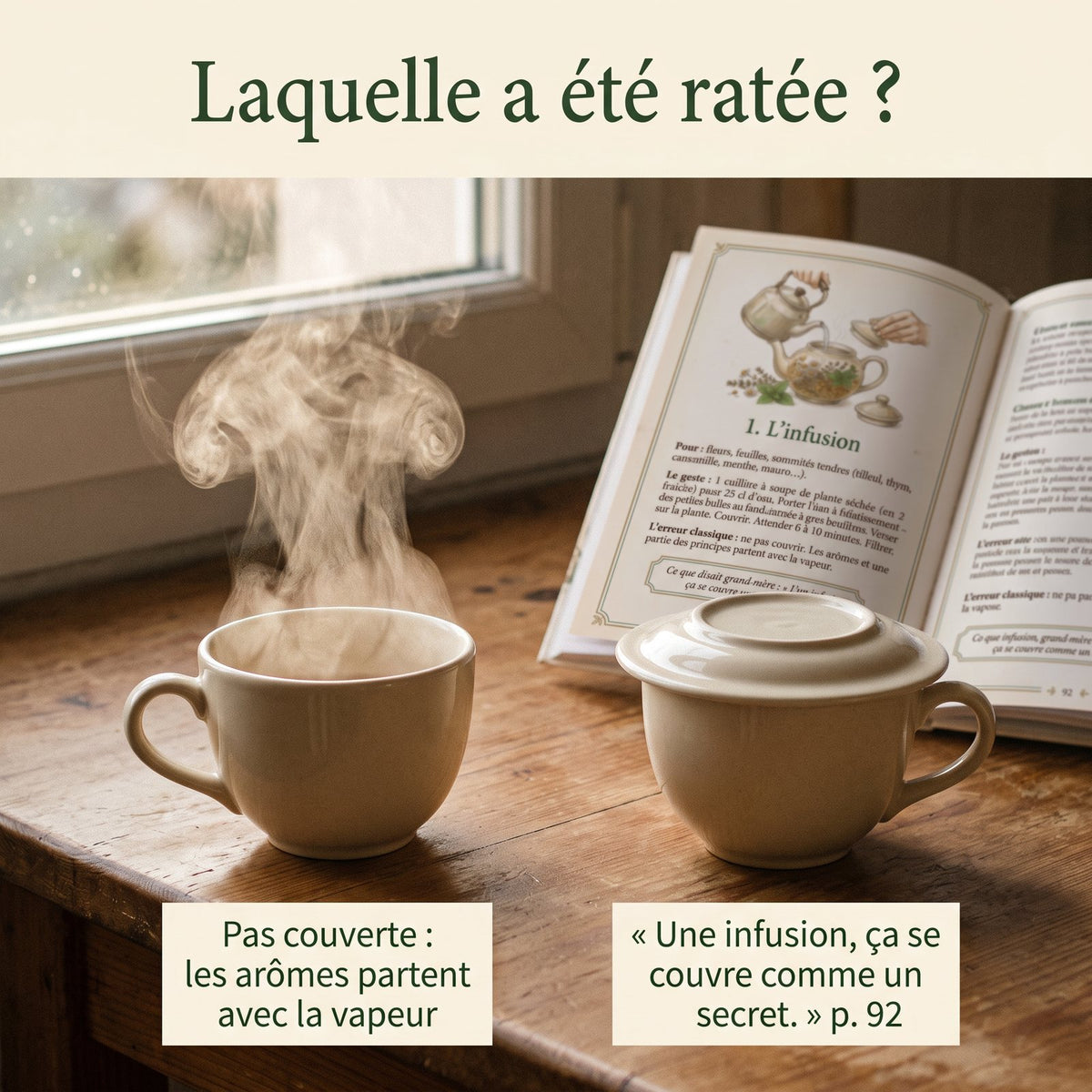 Deux tasses de tisane : l’une ouverte qui fume, l’autre couverte d’une soucoupe