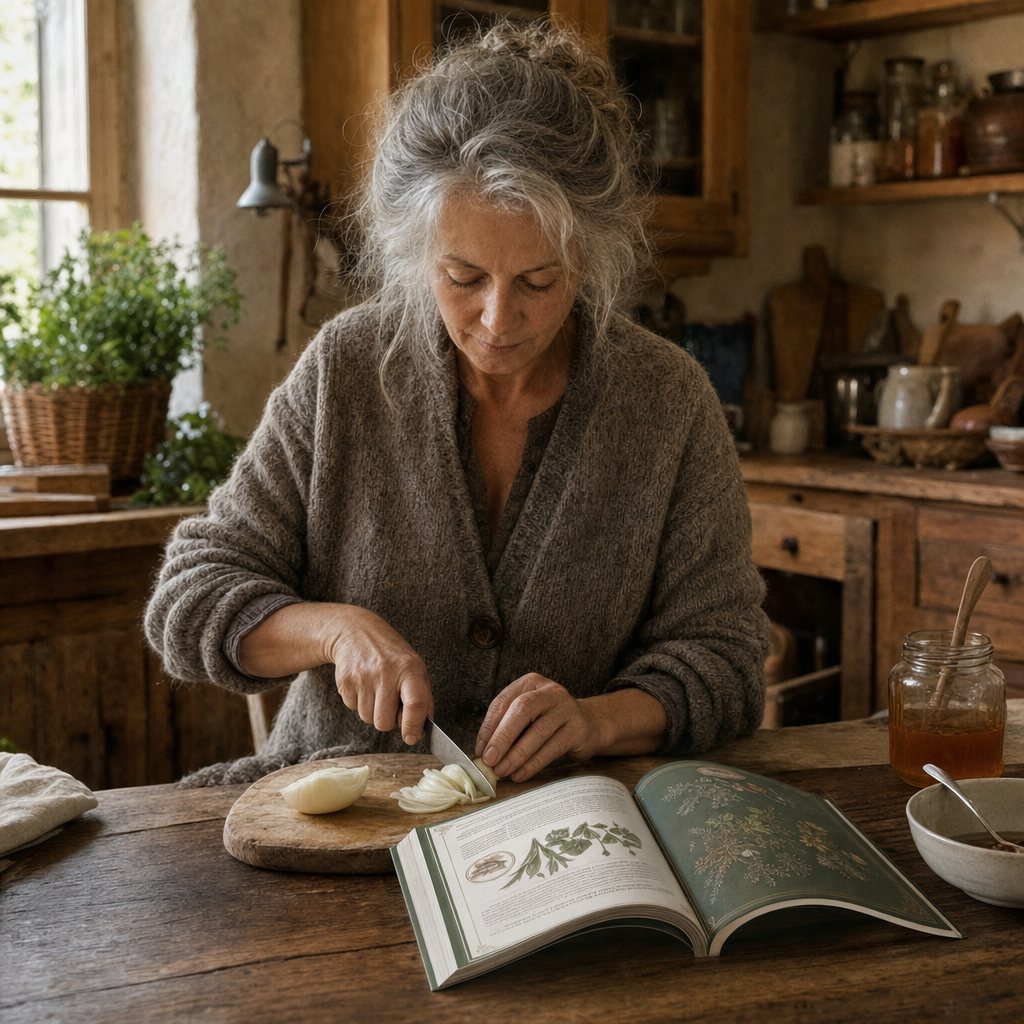 Une femme d’une soixantaine d’années émince un oignon dans sa cuisine, le livre ouvert à côté d’un pot de miel