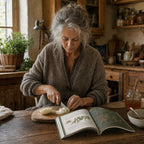 Une femme d’une soixantaine d’années émince un oignon dans sa cuisine, le livre ouvert à côté d’un pot de miel