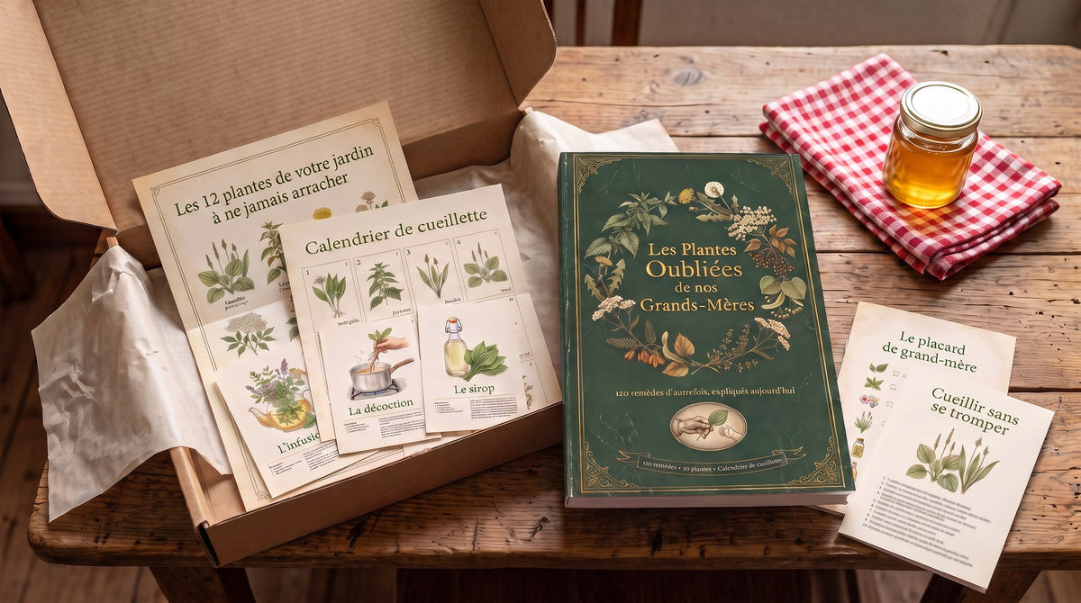 Le colis complet ouvert sur une table en bois : le livre, les 5 bonus imprimés, un torchon, un bocal de miel