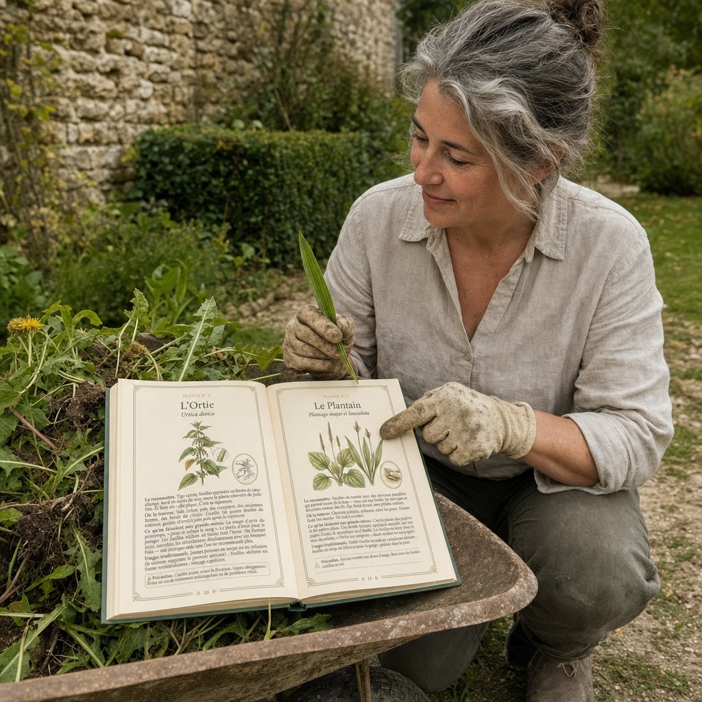 Femme de 55 à 65 ans à genoux dans son jardin, une feuille de plantain à la main, le livre ouvert posé sur le rebord de la brouette ; muret, haie, lumière de fin de matinée