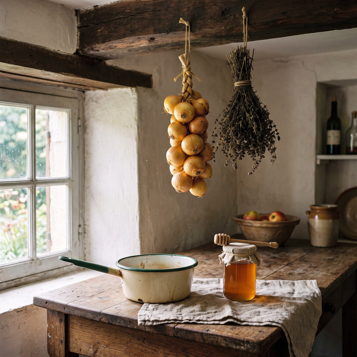 Nature morte dans une cuisine de ferme : tresse d’oignons, bouquet de thym pendu à la poutre, bocal de miel, casserole émaillée