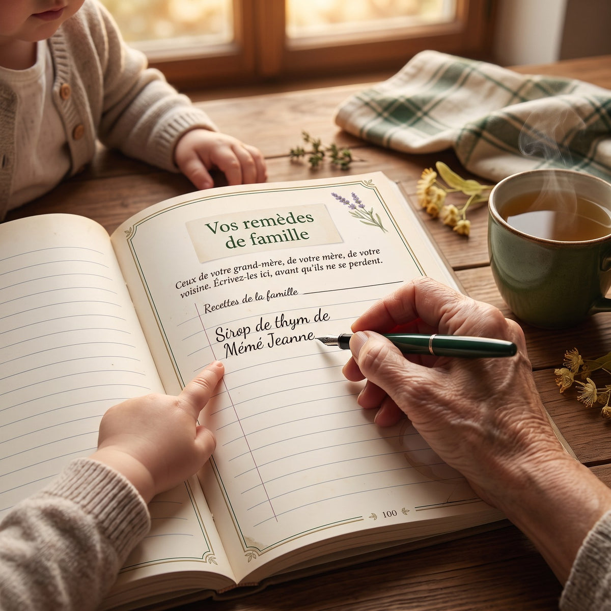 Des mains qui écrivent à l’encre sur la page « Vos remèdes de famille » (p. 100), une tasse de tilleul à côté