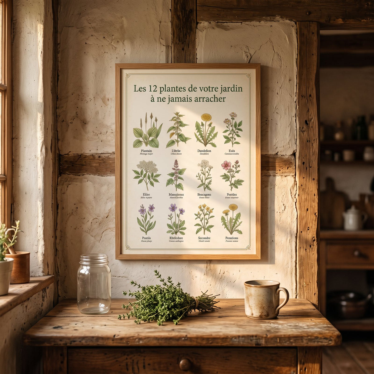 Le poster A3 affiché au mur d’une cuisine en bois, au-dessus d’un plan de travail