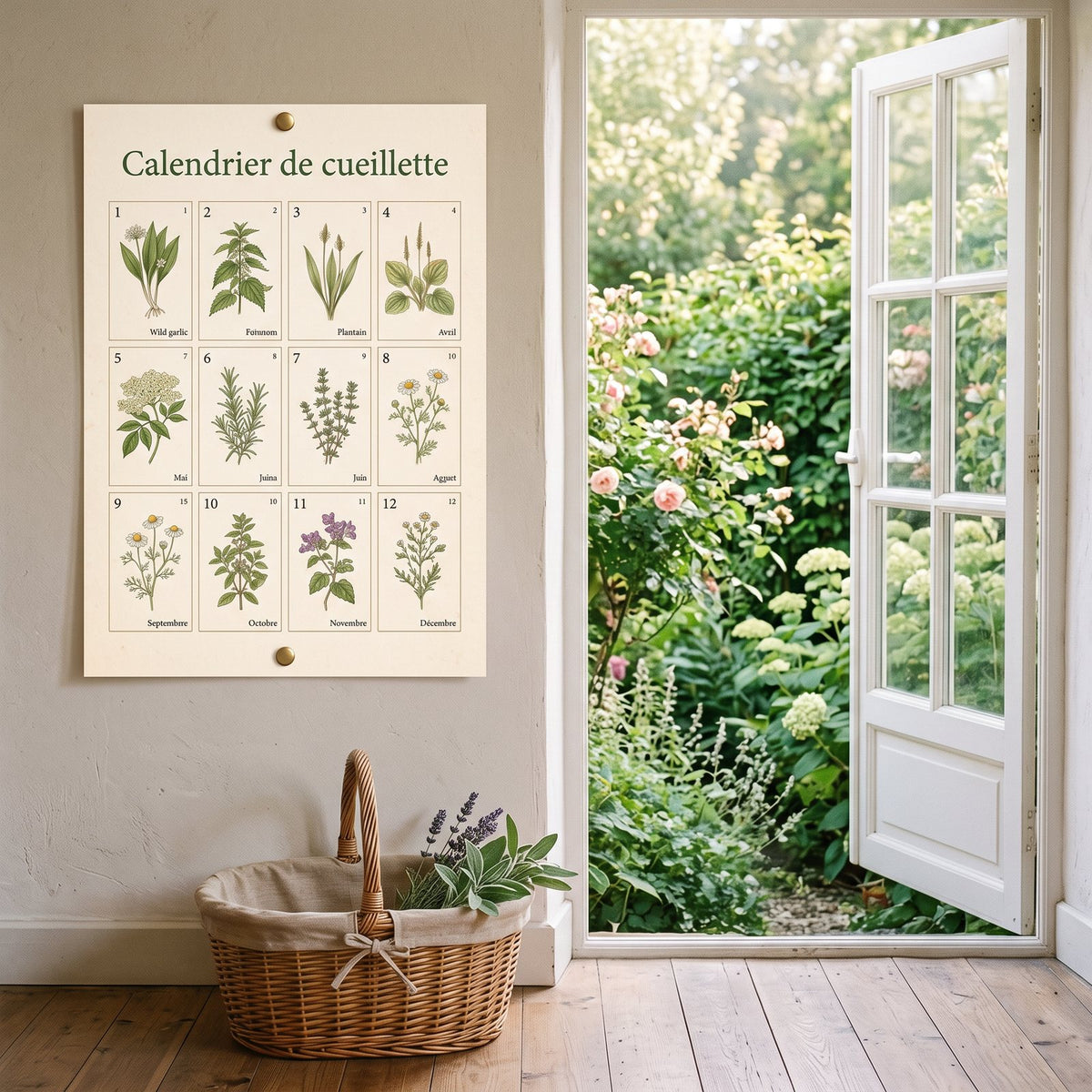 Le calendrier mural punaisé près d’une porte-fenêtre qui donne sur le jardin