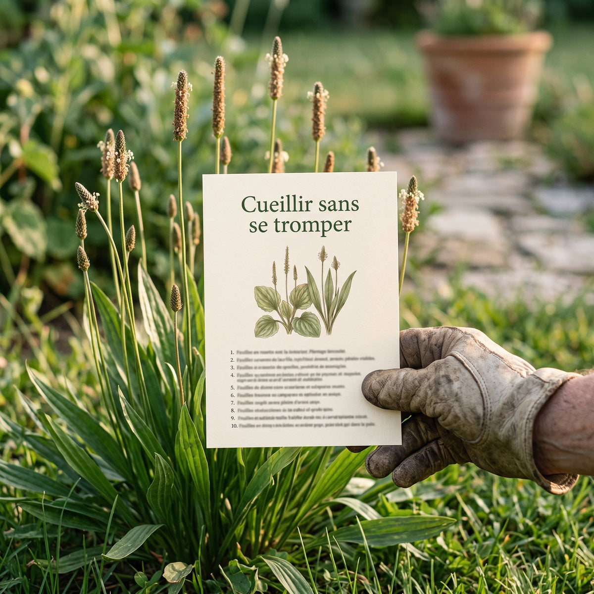La fiche tenue dans une main gantée, au jardin, devant une touffe de plantain